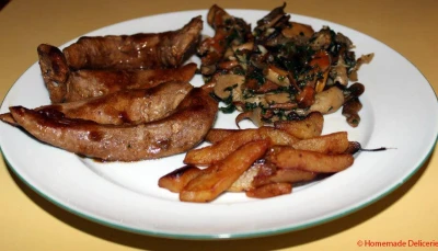 Aiguillettes de canard, miel pommes champignons