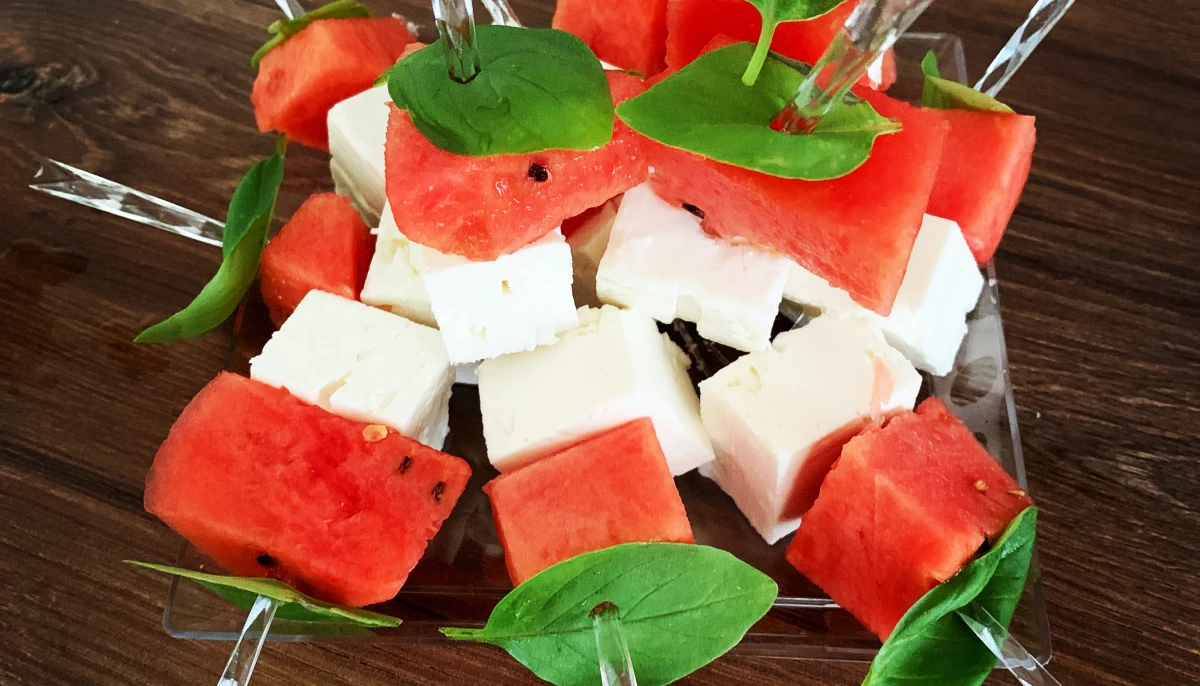 Brochettes pastèque/fêta/basilic