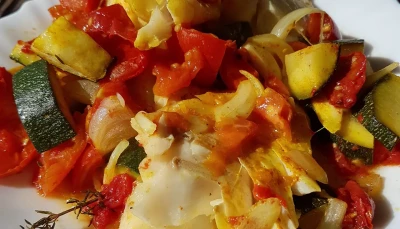 Dos de cabillaud, légumes confits