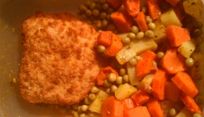 Escalope Normande, patate et légumes