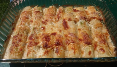 Gratin de poireaux au lard sauce au bleu