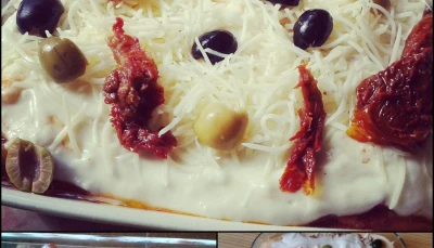 Lasagnes bolognaises, olives et tomates séchées
