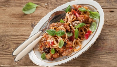 Pâtes à la viande hachée-pesto-chavroux-légumes