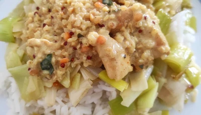 Poulet Curry, fondue de poireaux