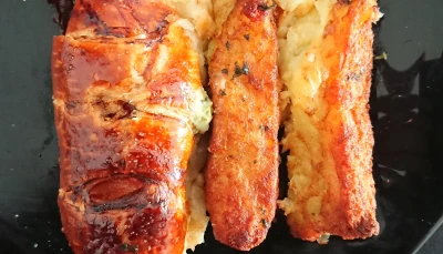 Poulet en croûte et croquettes aux épinards