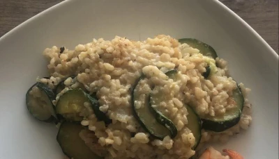 Risotto courgettes parmesan, scampis