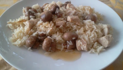Riz, poulet, chapignons et oignons au miel