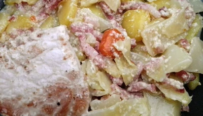 Poêlée de chou blanc, pommes de terre et lardons