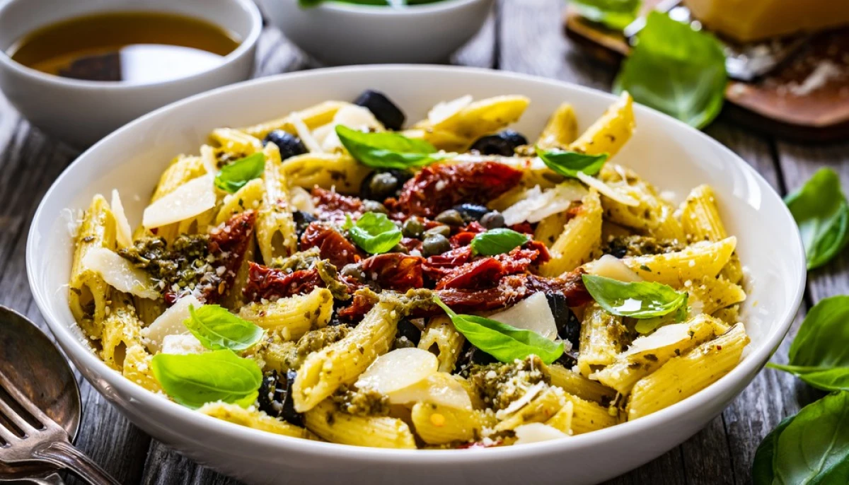Pâtes au pesto de basilic et tomates séchées