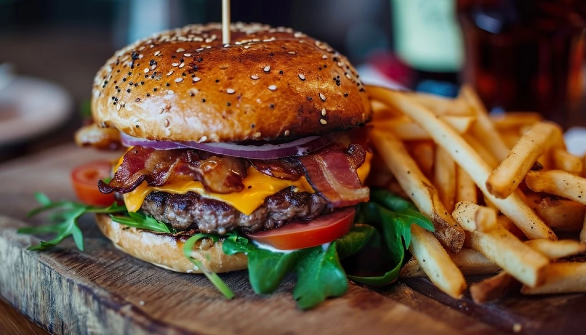 Burger gourmand et frites dorées