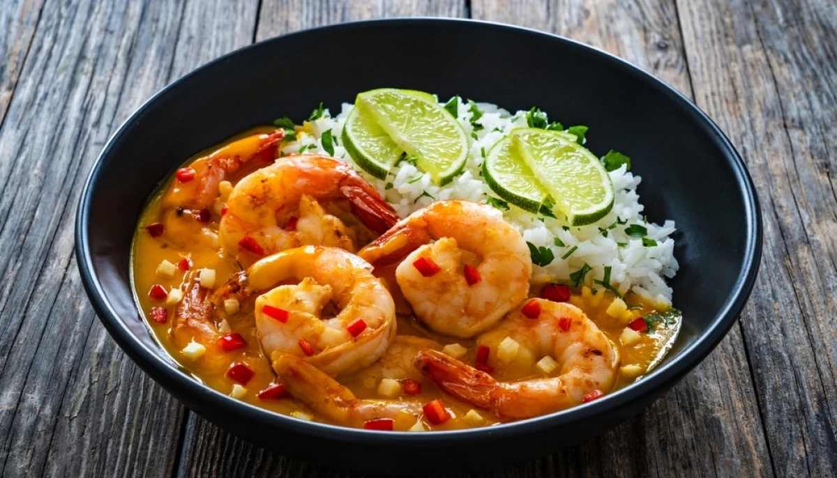 Crevettes à la mangue et riz