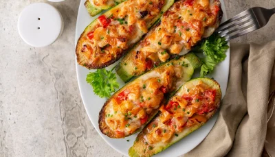 Courgettes farcies au riz et légumes