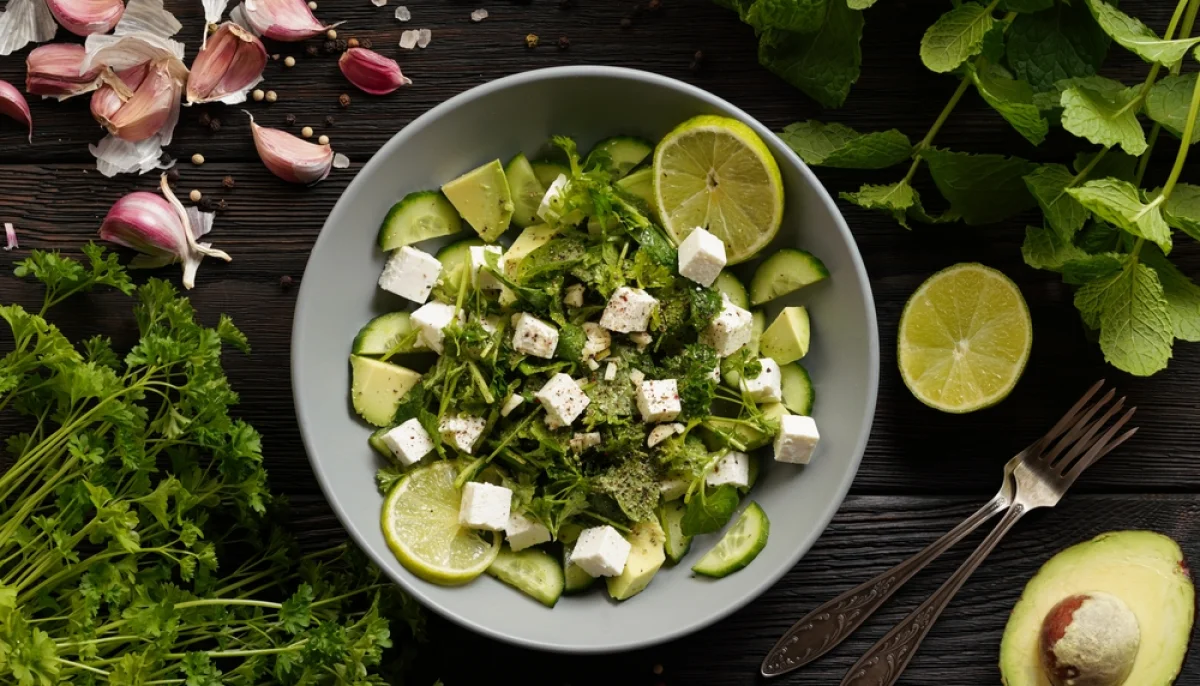 Salade fraîche concombre feta citron et herbes