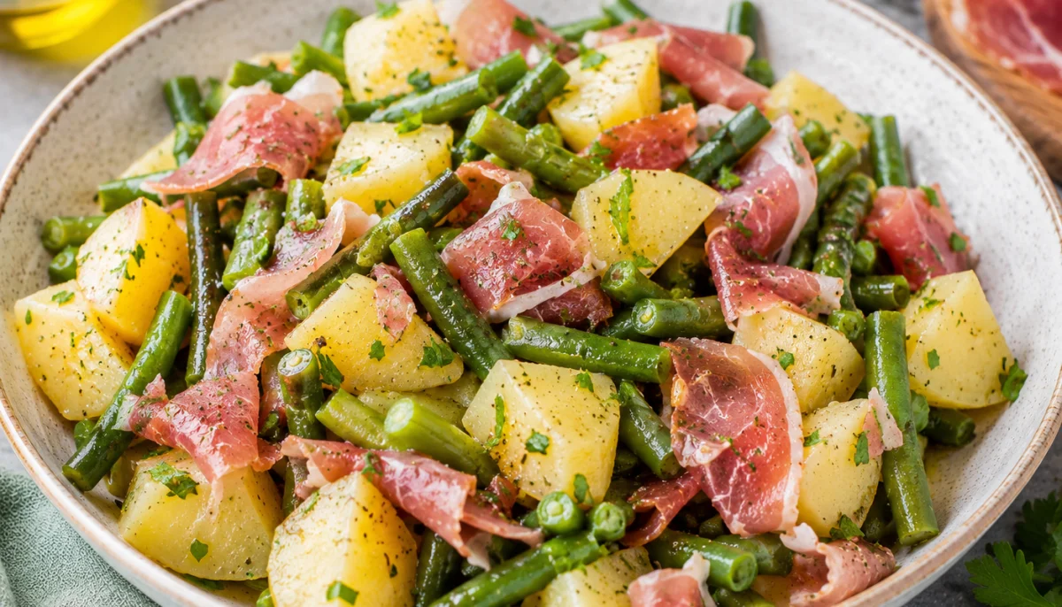 Salade haricots pommes de terre et jambon cru