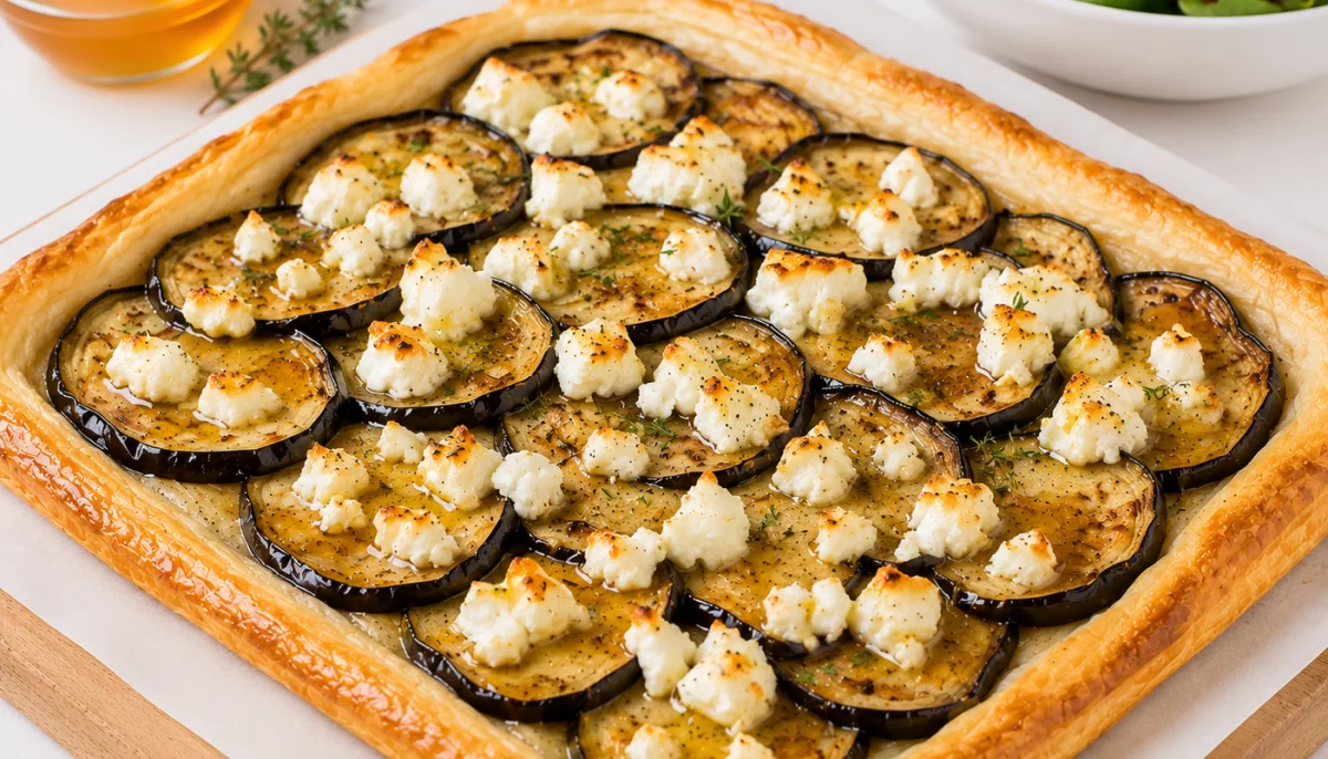 Tarte fine aubergine chèvre miel