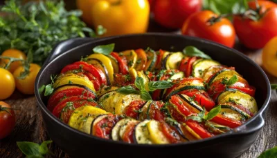 Tian aubergine courgette tomate