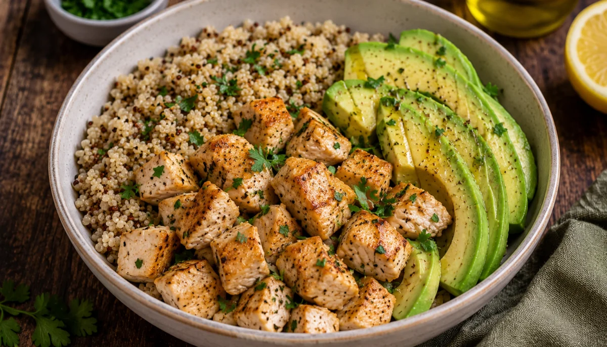 Bowl protéiné poulet avocat quinoa