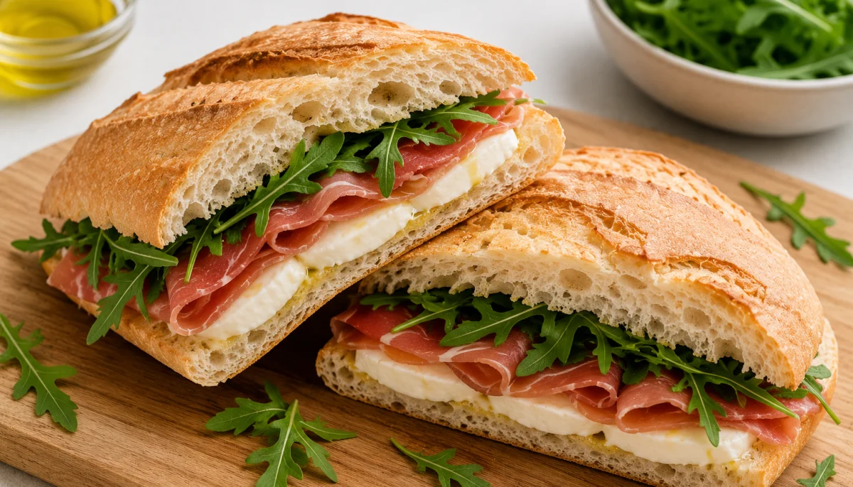 Pain garni jambon cru, mozzarella et roquette