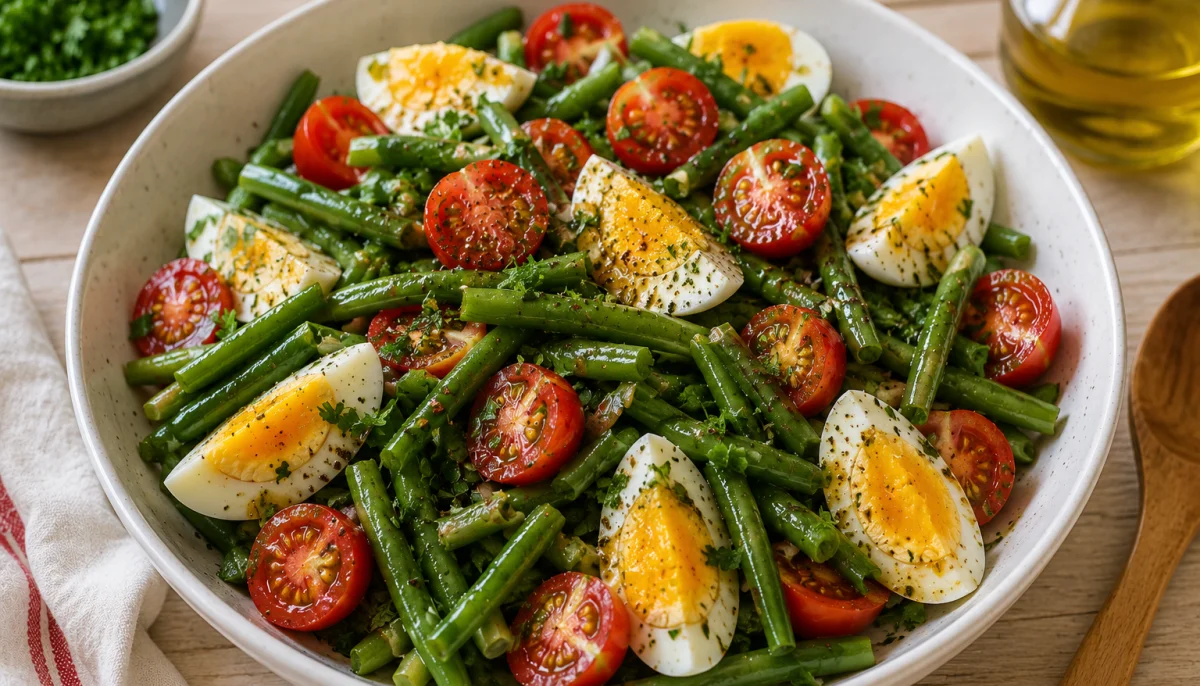 Salade de haricots verts, tomates cerises et œufs