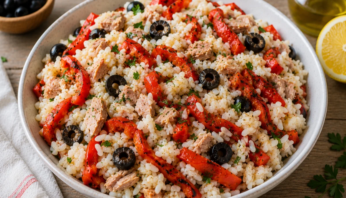 Salade de riz au thon, olives et poivrons grillés