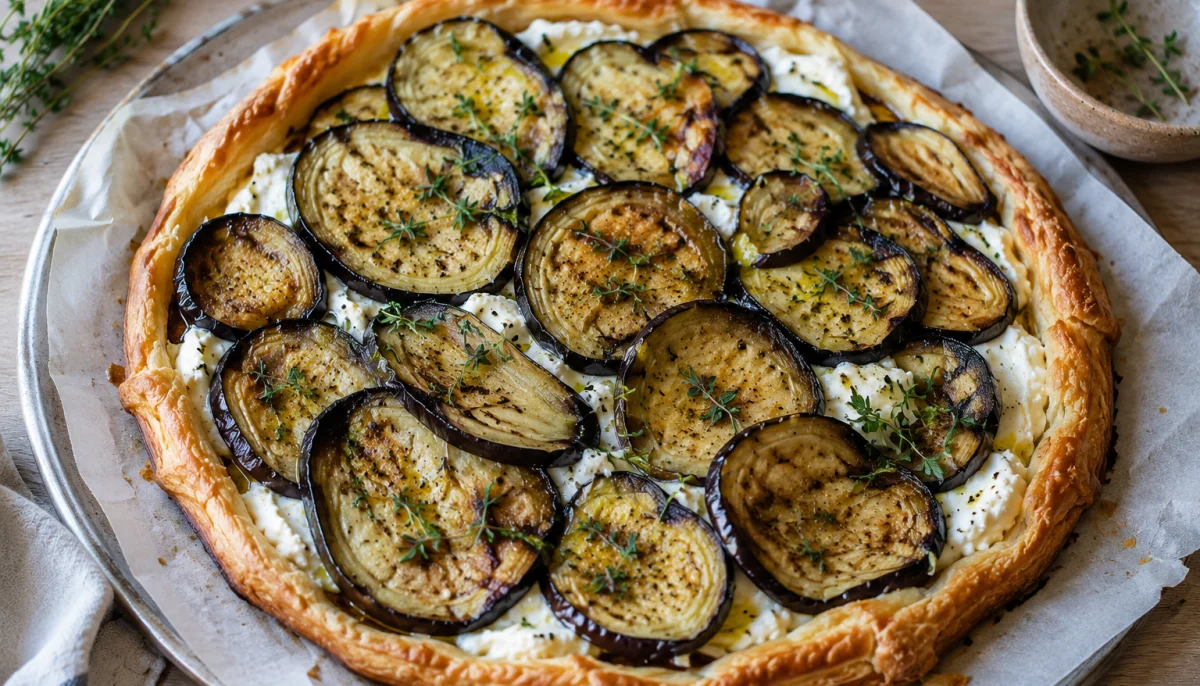 Tarte fine aubergine ricotta et thym