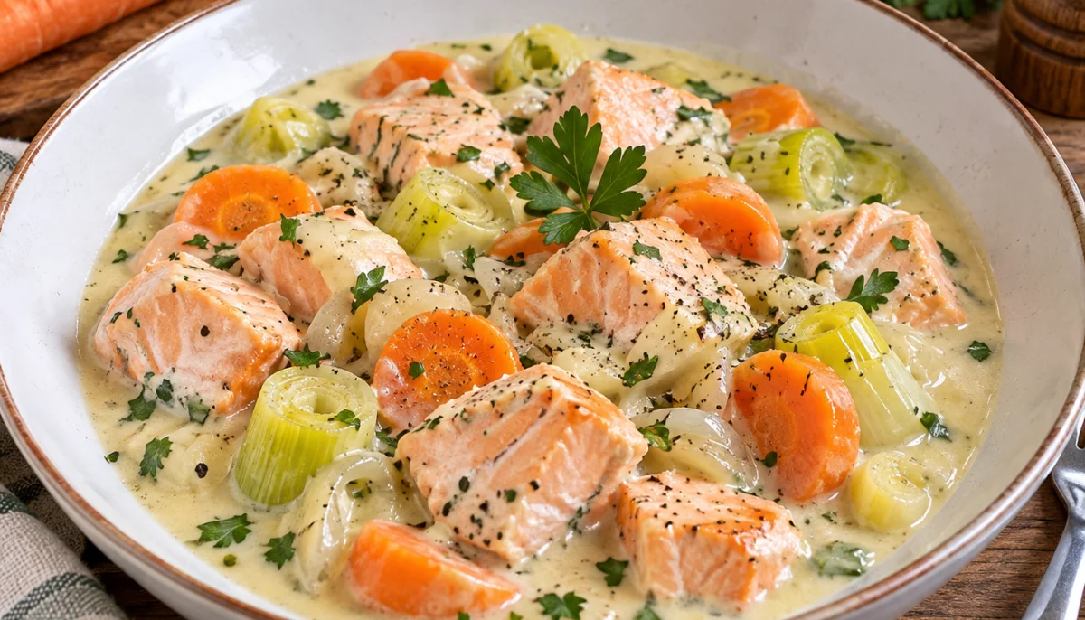 Blanquette de saumon aux poireaux et carottes