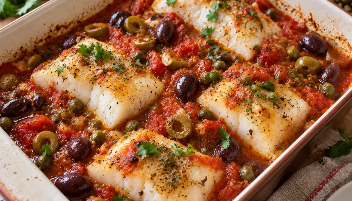 Cabillaud au four sauce tomate, câpres et olives