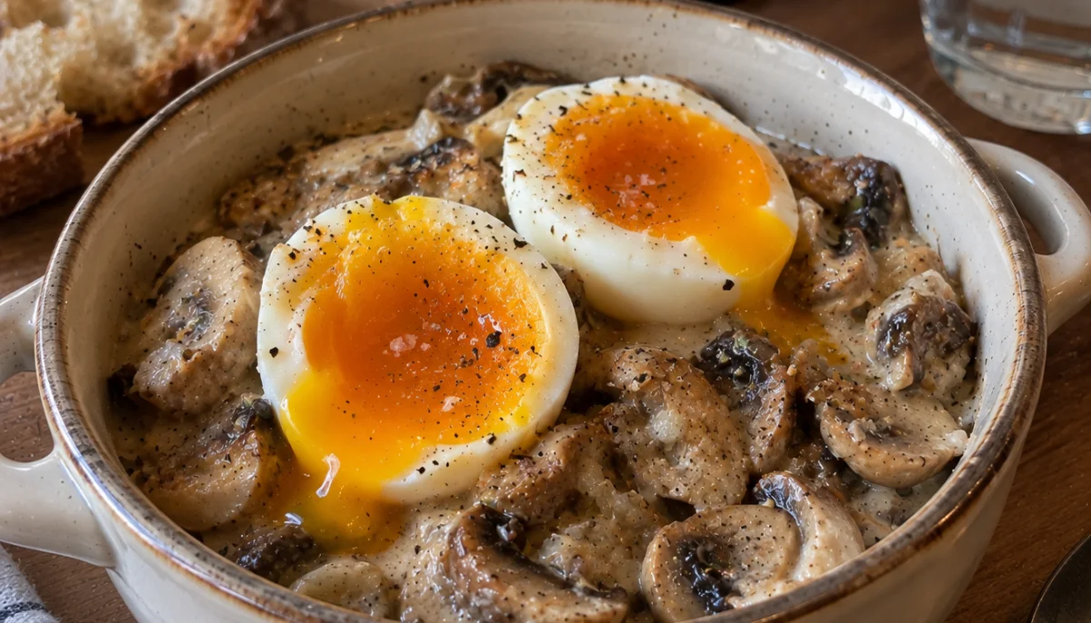 Champignons à la crème et œufs mollets