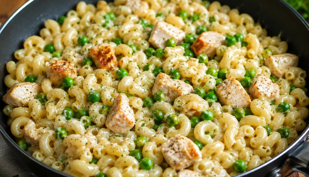 Coquillettes crémeuses au poulet et petits pois