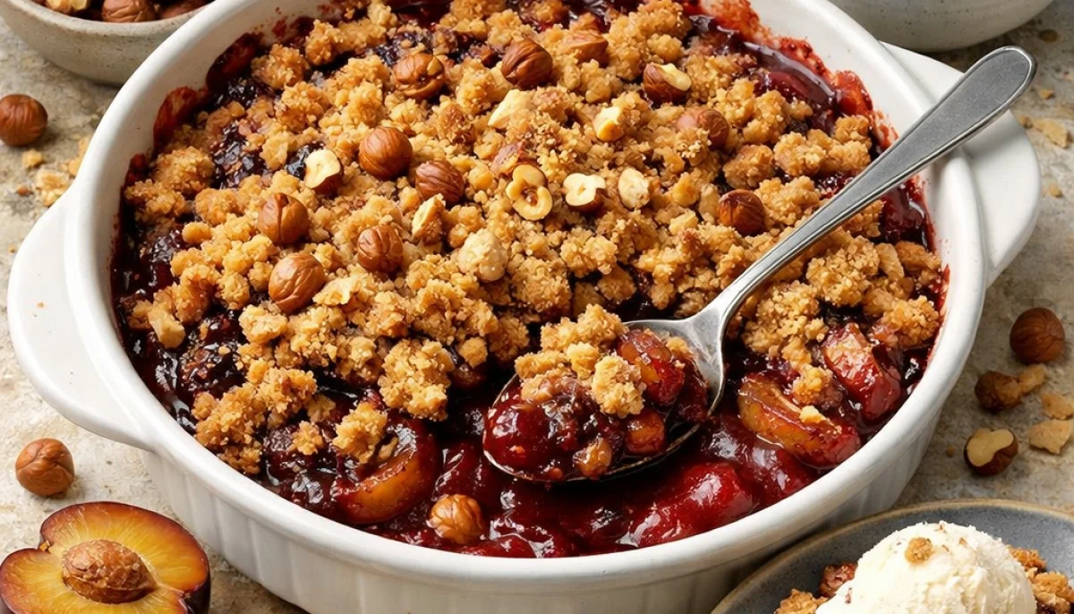 Crumble aux prunes et noisettes