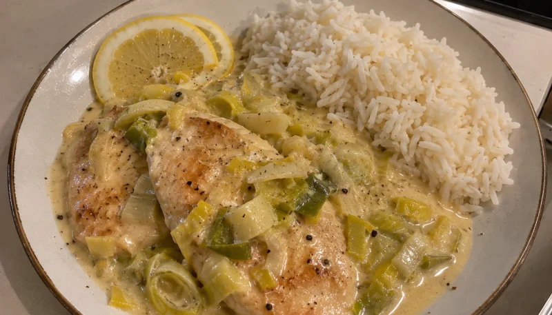 Escalopes de poulet sauce poireaux et citron