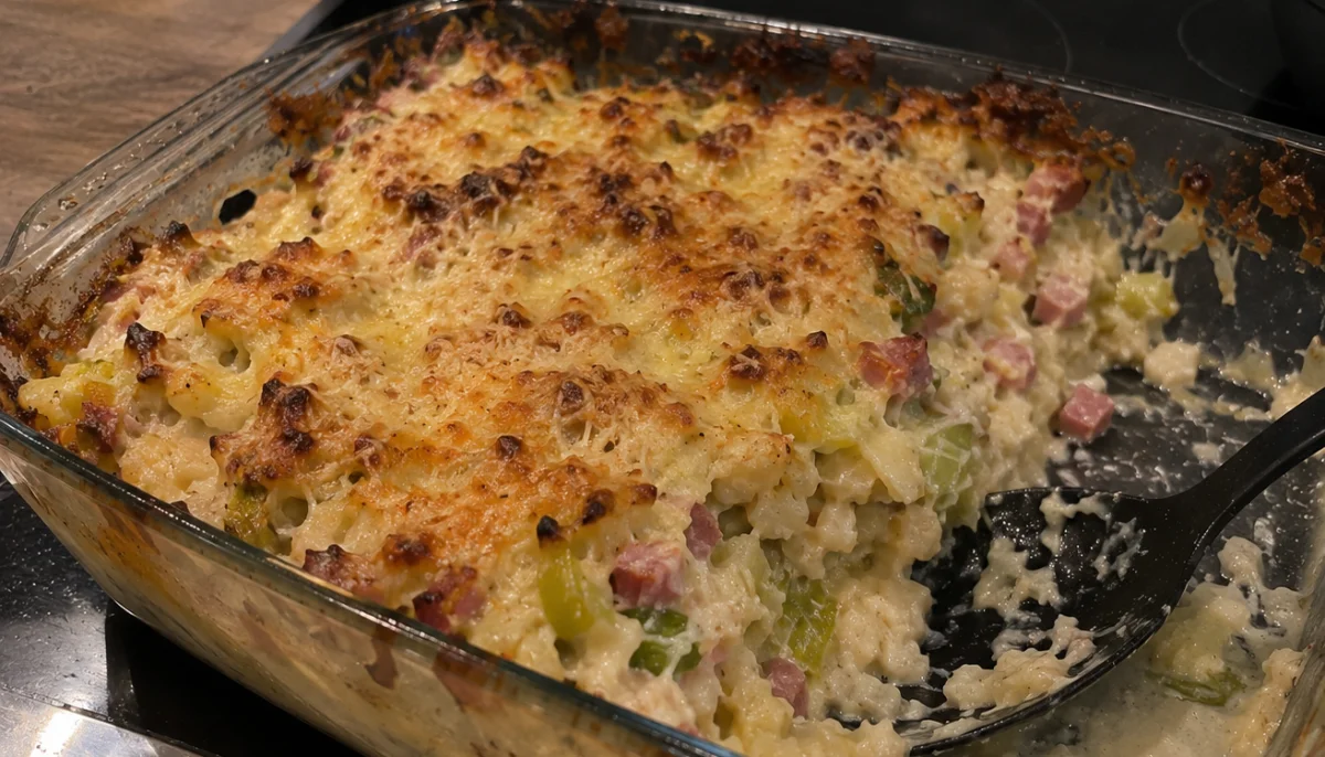 Gratin de crozets au jambon et poireaux