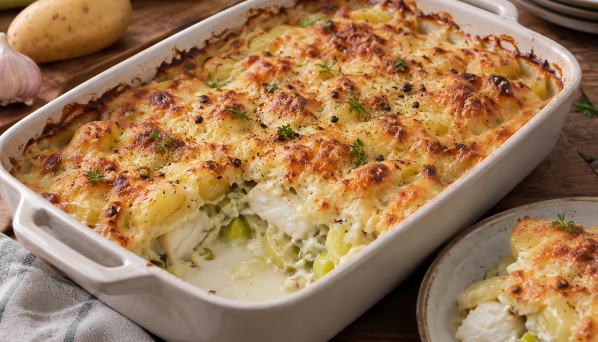 Gratin de poisson, poireaux et pommes de terre