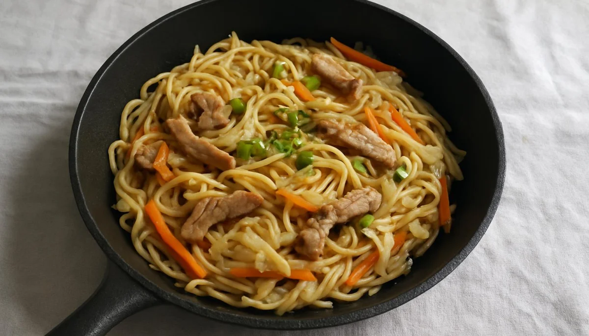 Nouilles sautées au porc, chou et carottes
