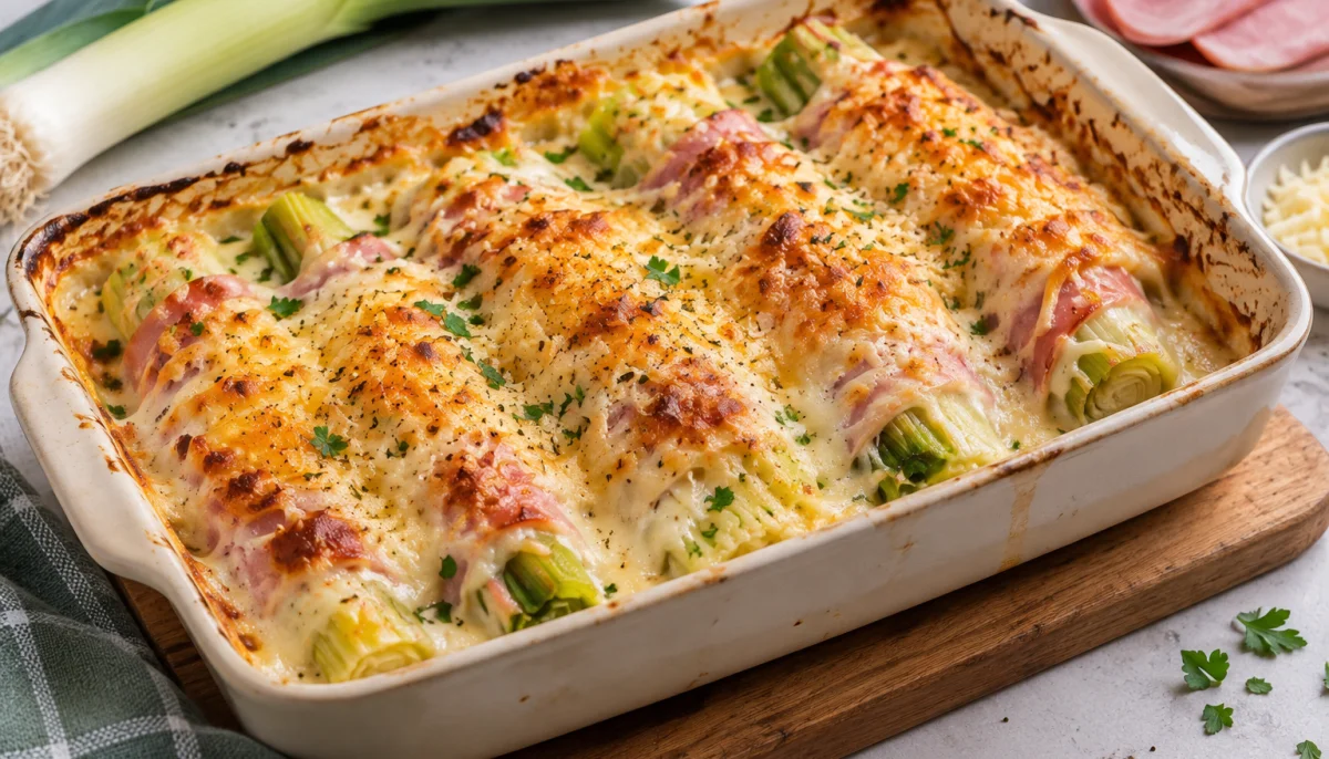 Poireaux gratinés au jambon et béchamel légère