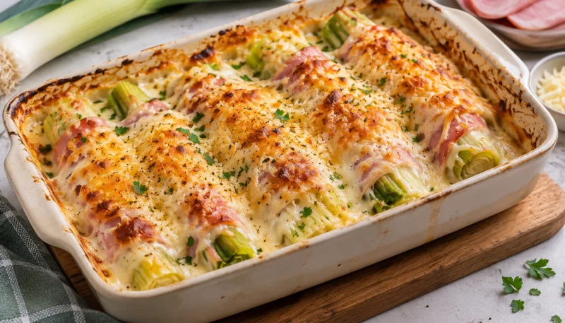 Poireaux gratinés au jambon et béchamel légère
