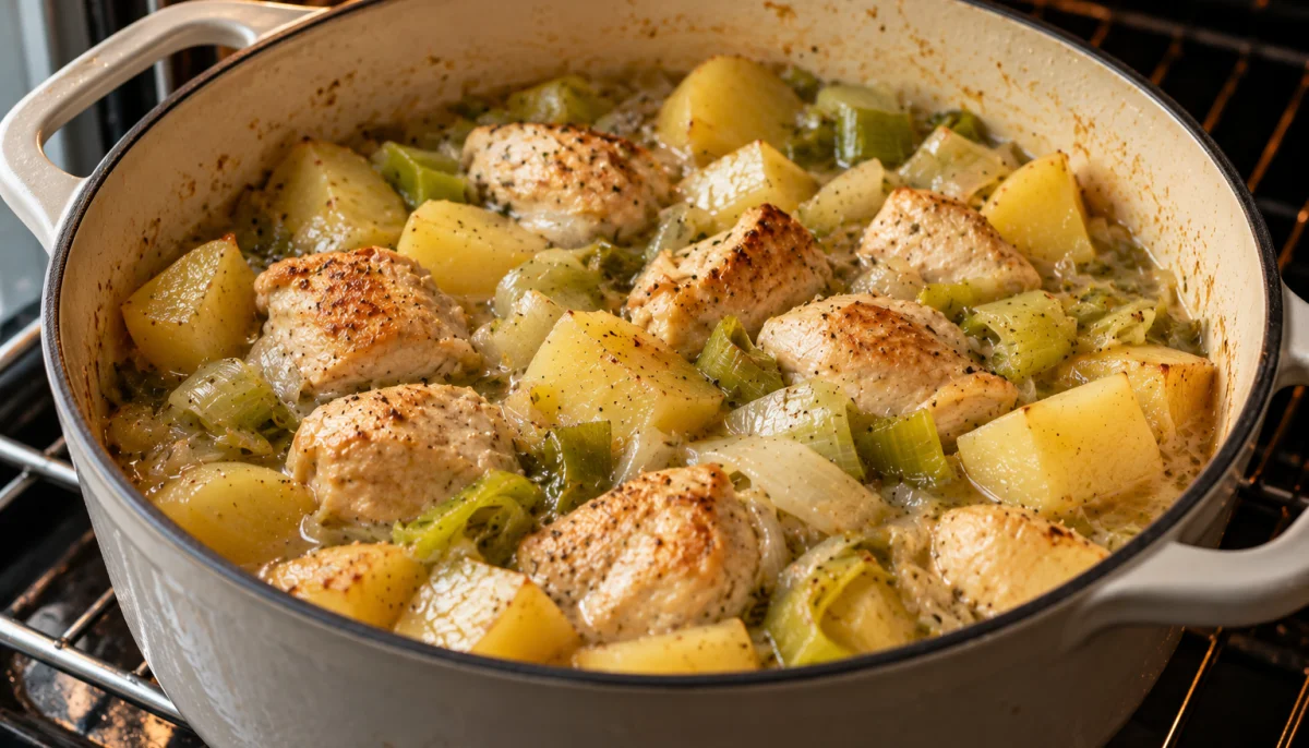 Poulet aux poireaux et pommes de terre en cocotte