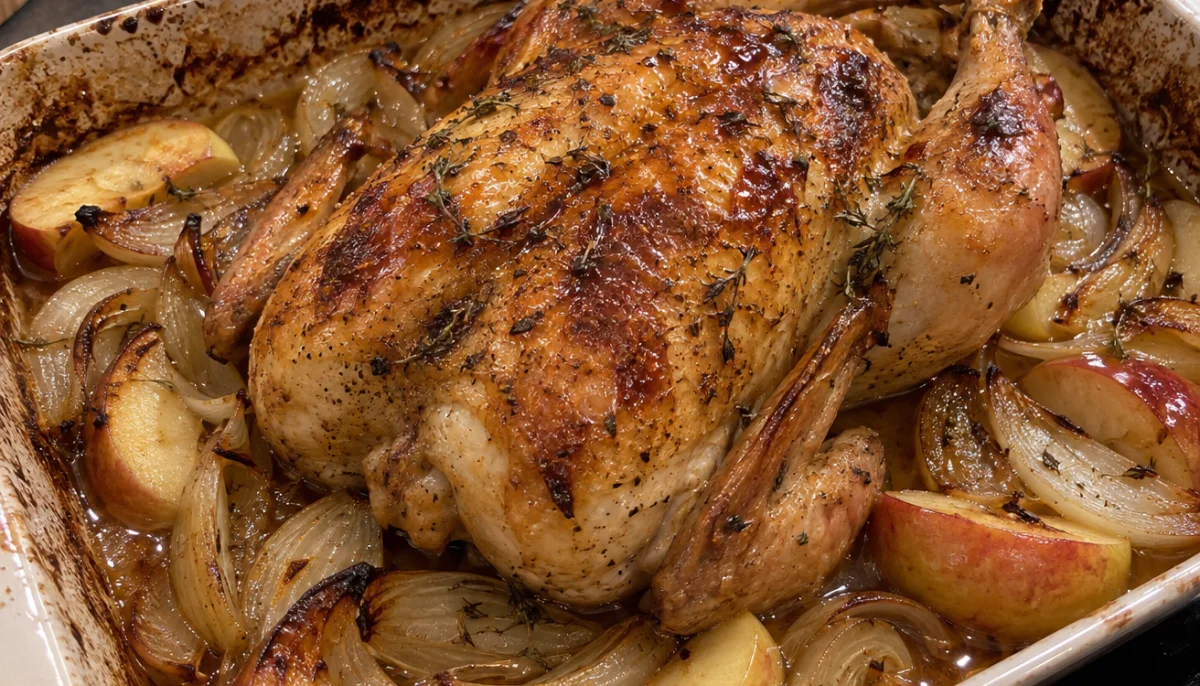 Poulet rôti aux pommes et oignons