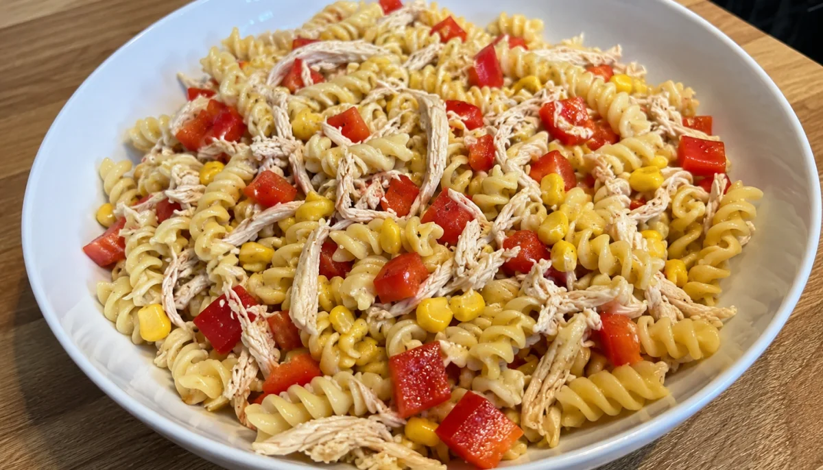 Salade de pâtes au poulet, maïs et poivron