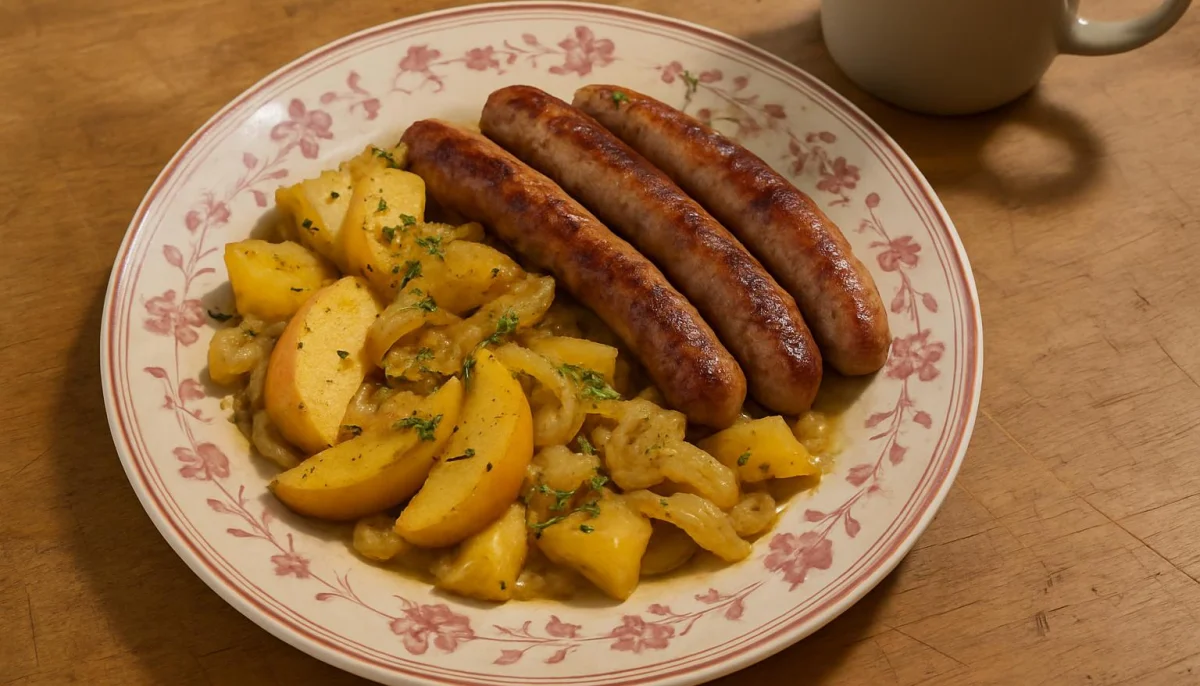 Saucisses rôties aux pommes, oignons et moutarde