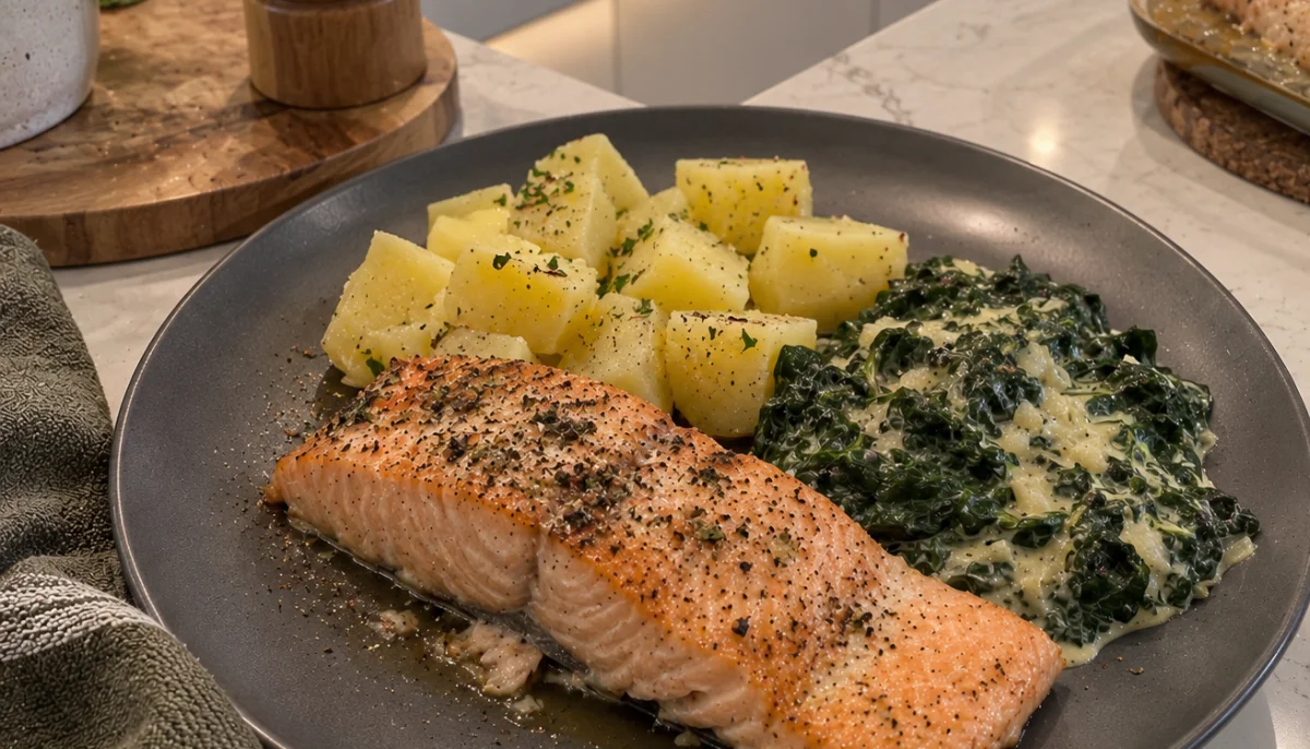 Saumon, fondue d'épinards et pommes de terre