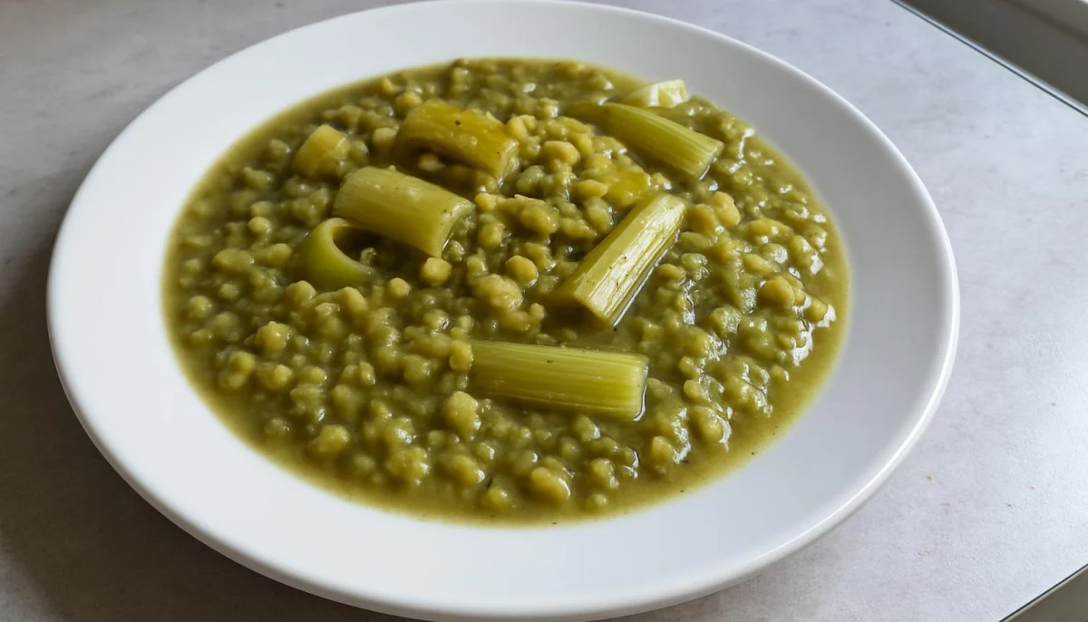 Soupe rustique de pois cassés, poireaux et céleri
