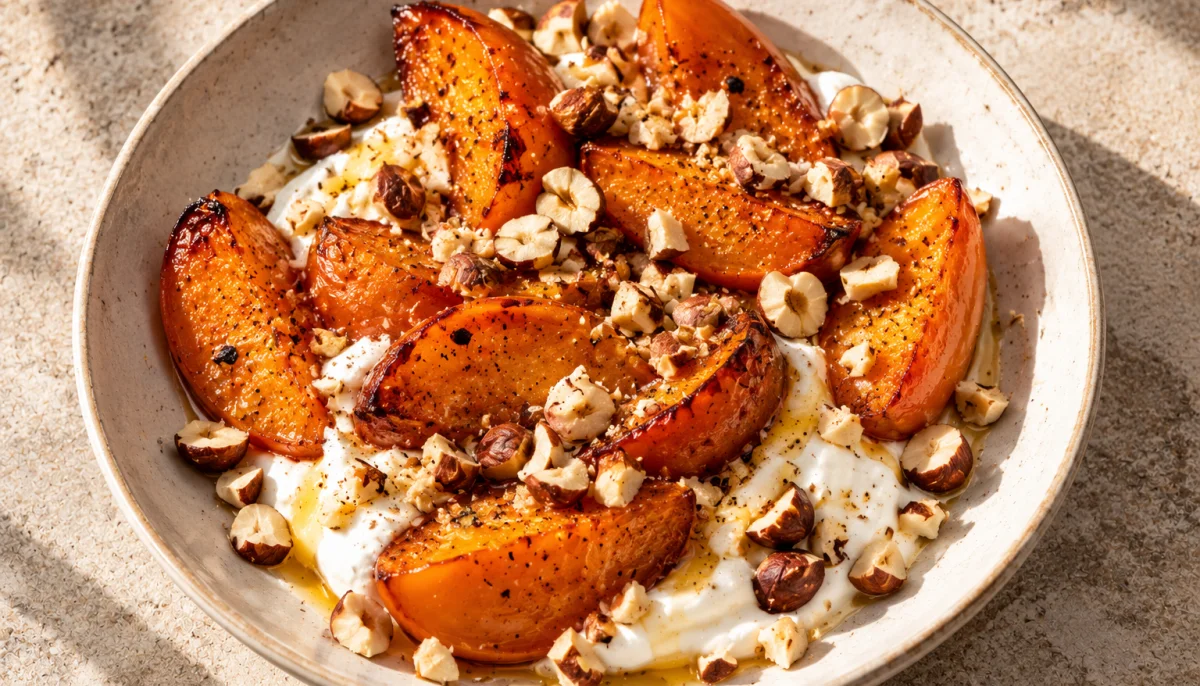 Kaki rôti, skyr et noisettes croustillantes