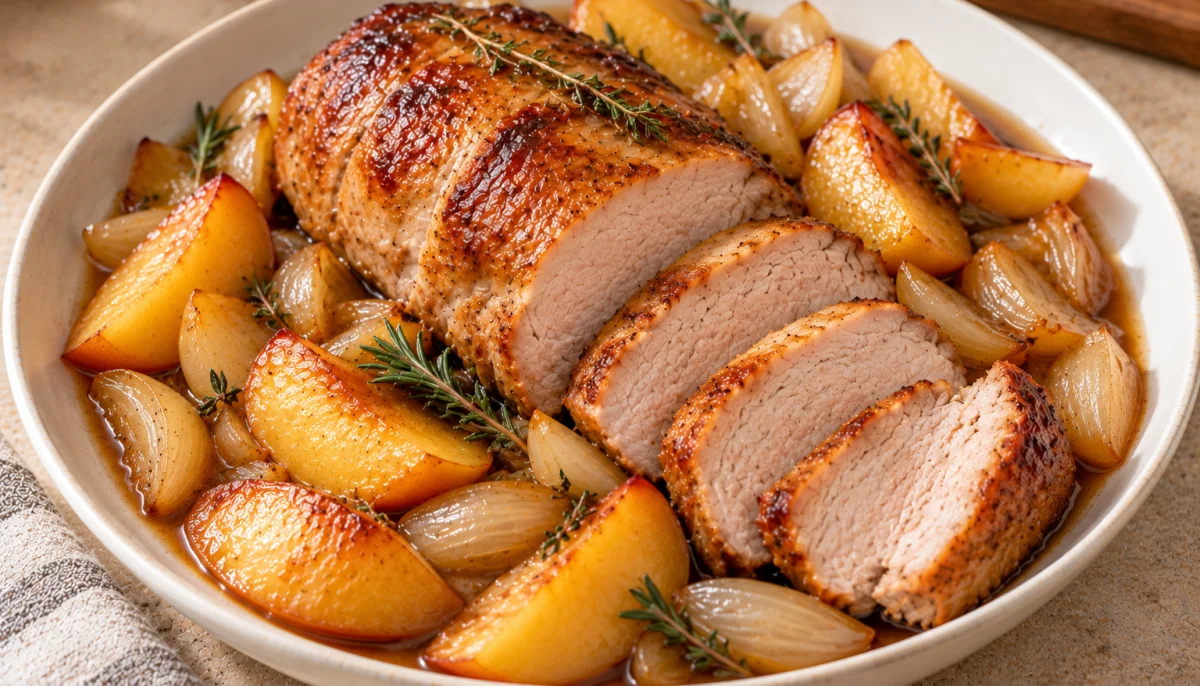 Rôti de porc aux coings et oignons