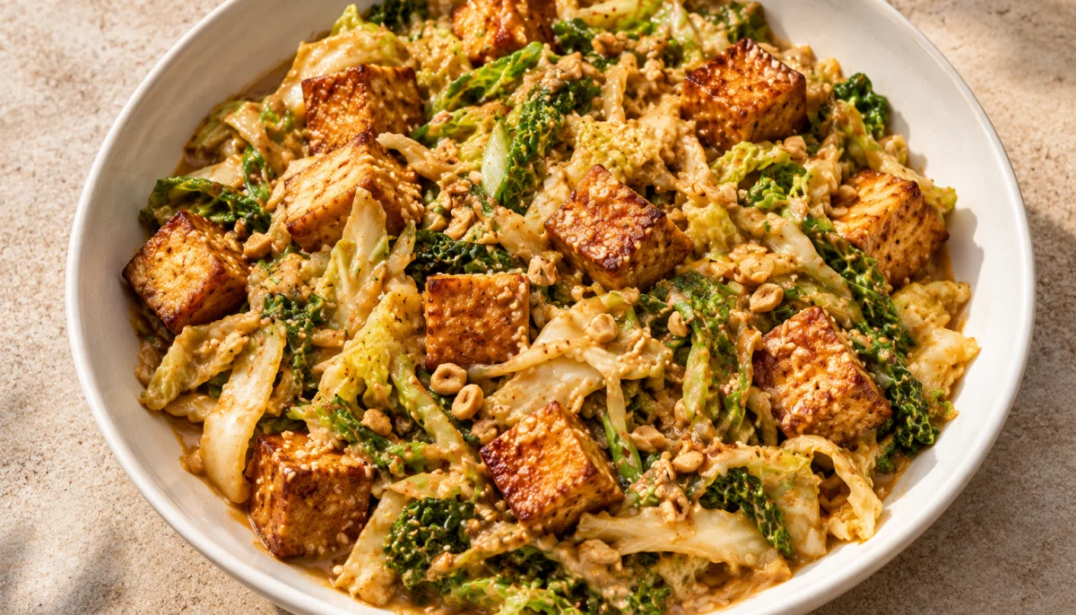 Tofu croustillant, chou sauté et sauce cacahuète